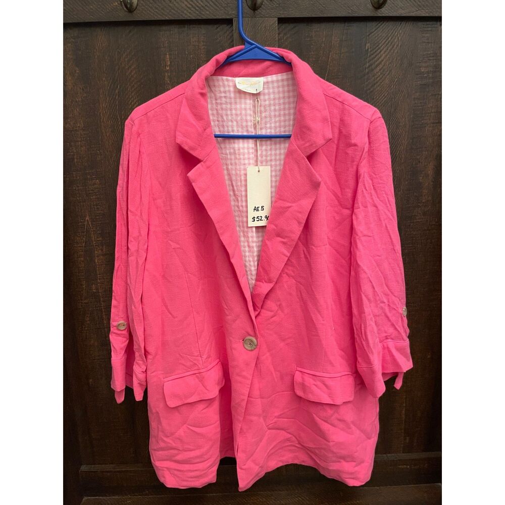 Allie Rose Hot Pink Linen Blend Blazer Large Oversized Roll Tab Boyfriend Jacket